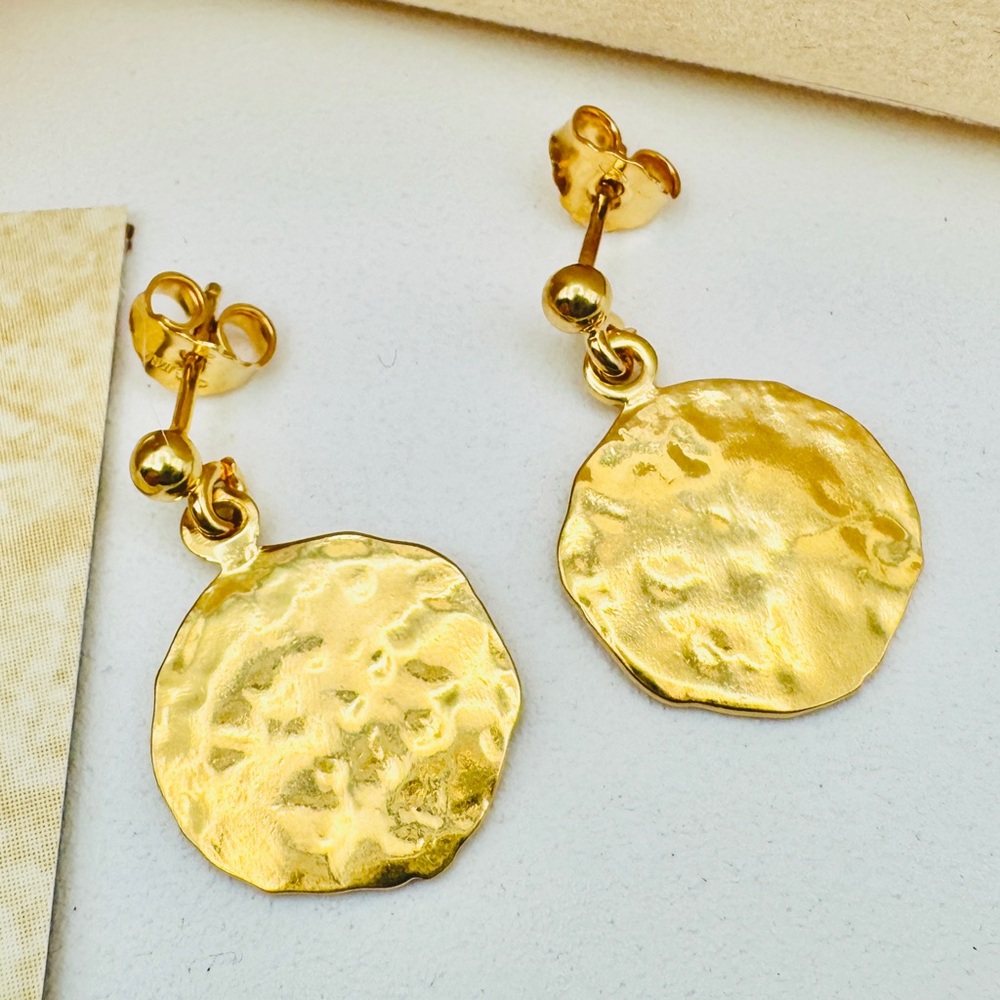 Veronese 18K Yellow Gold Bonded Sterling Silver Hammered Disc Drop Earrings NEW